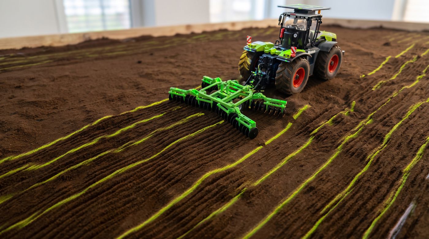 Ackerland: Traktor mit Egge auf echter Erde, leuchtende Linien zeigen, wo schon geeggt ist
